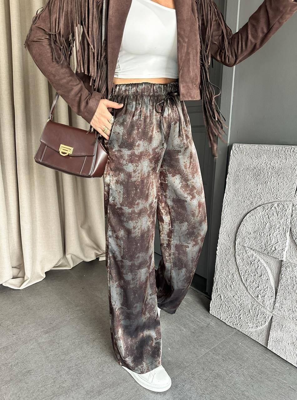 Kahve Batik Desen Saten Pantolon