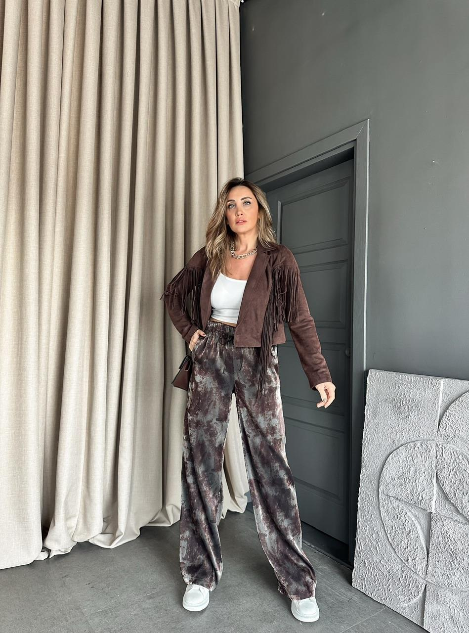 Kahve Batik Desen Saten Pantolon