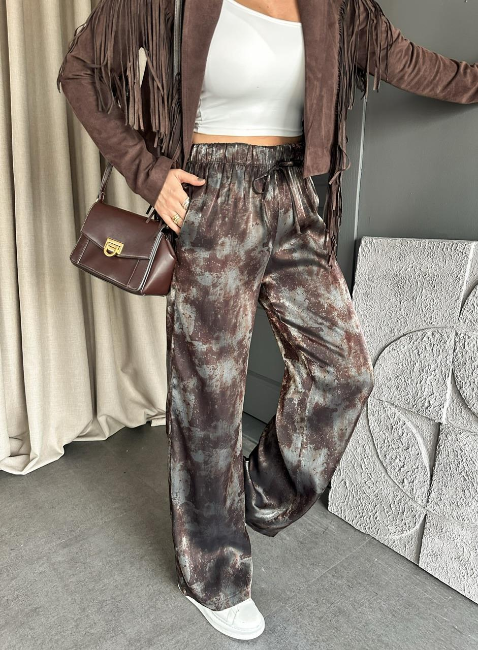 Kahve Batik Desen Saten Pantolon