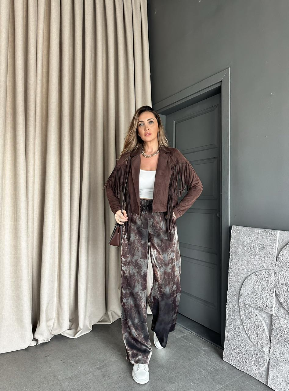 Kahve Batik Desen Saten Pantolon