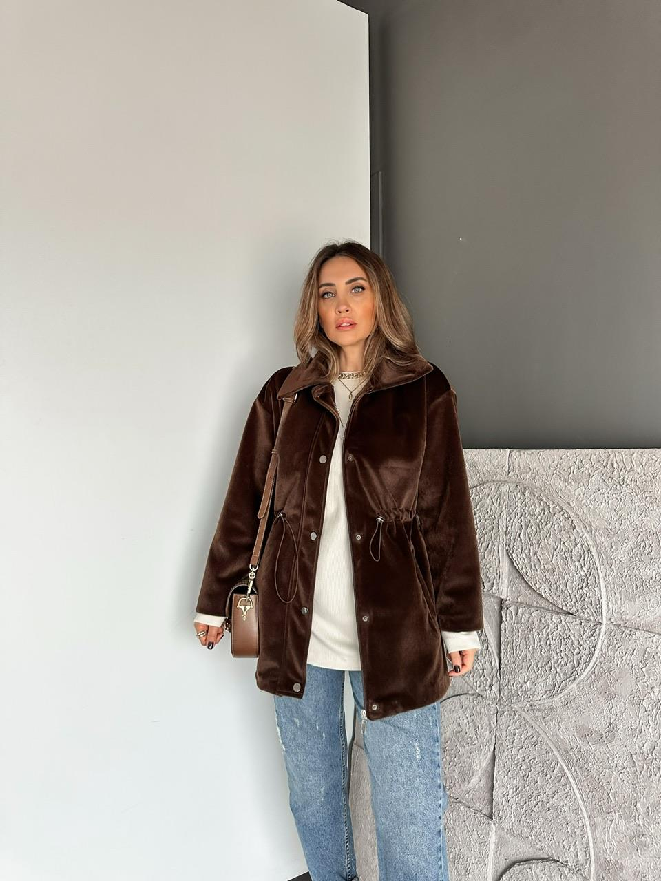 Kahve Beli Büzgülü Kaz Tüyü Kaban