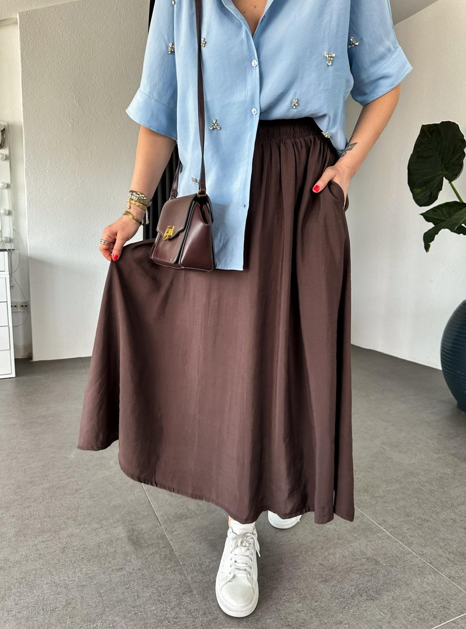 Kahve Beli Lastikli Cepli Soft Etek