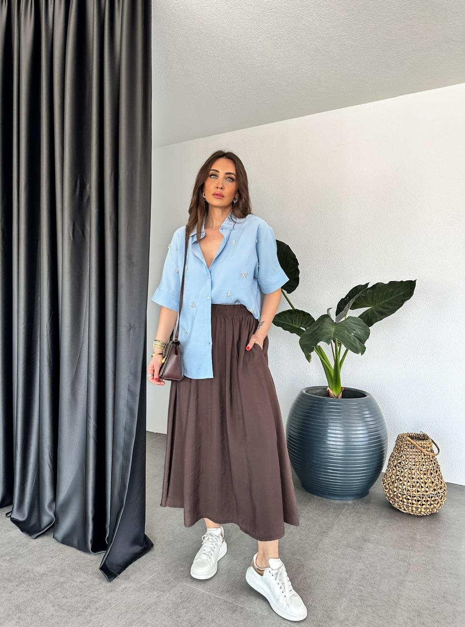 Kahve Beli Lastikli Cepli Soft Etek