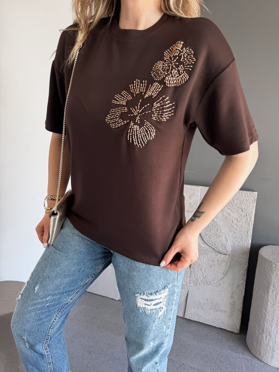 Kahve Boru Boncuklu Marka Model Tshirt
