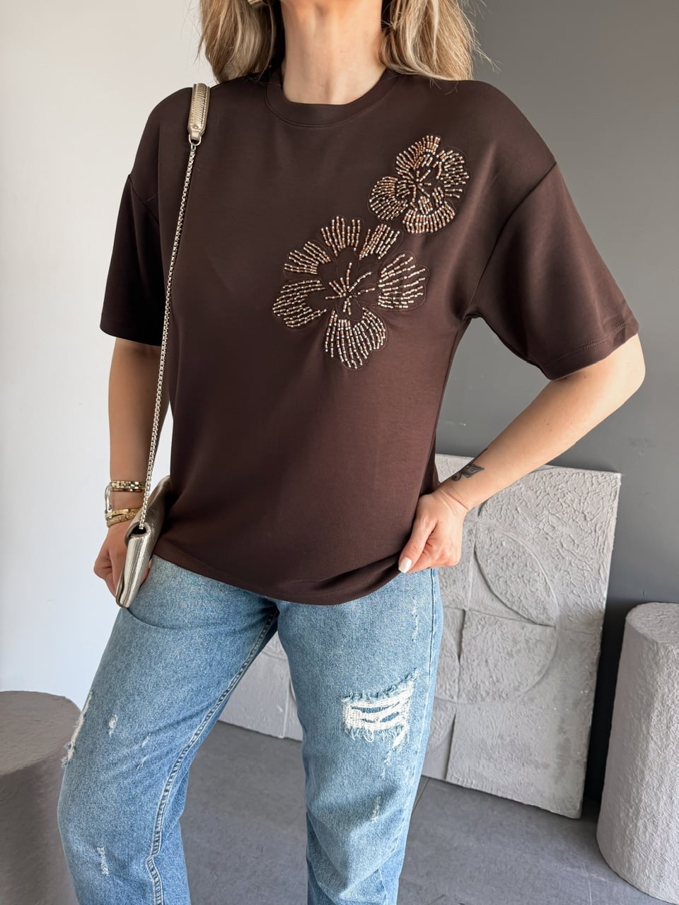 Kahve Boru Boncuklu Marka Model Tshirt
