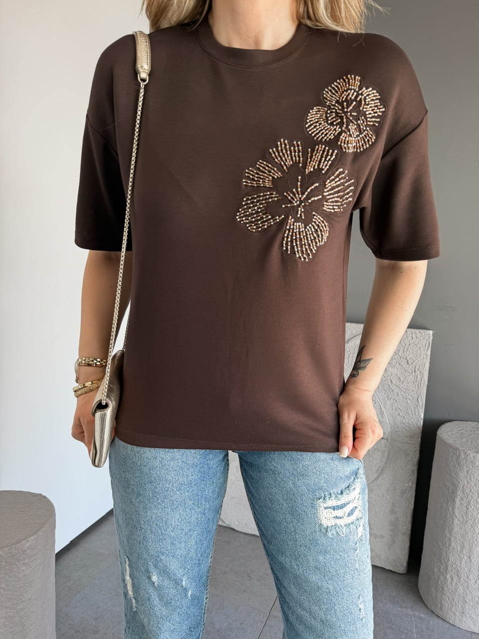 Kahve Boru Boncuklu Marka Model Tshirt
