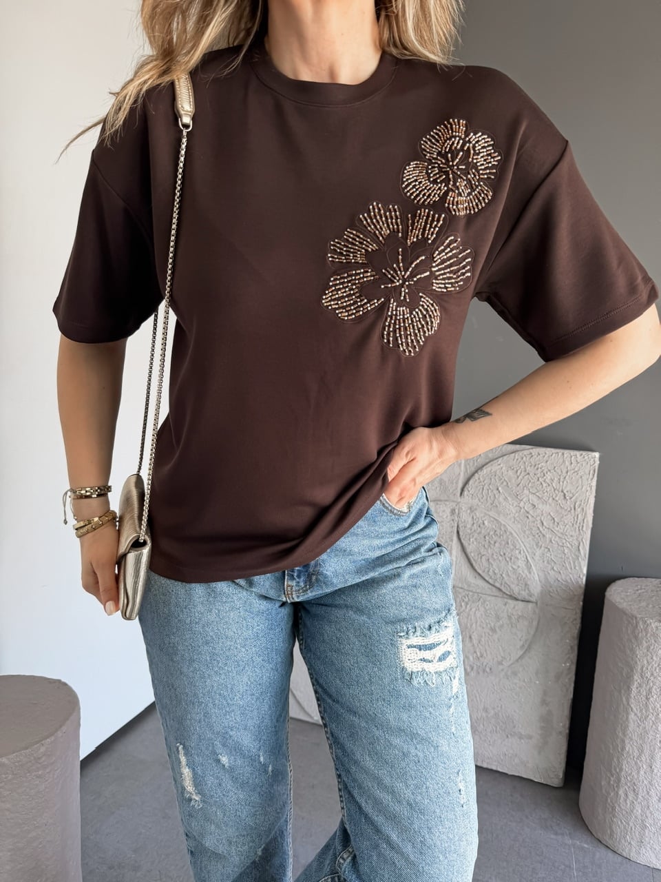 Kahve Boru Boncuklu Marka Model Tshirt
