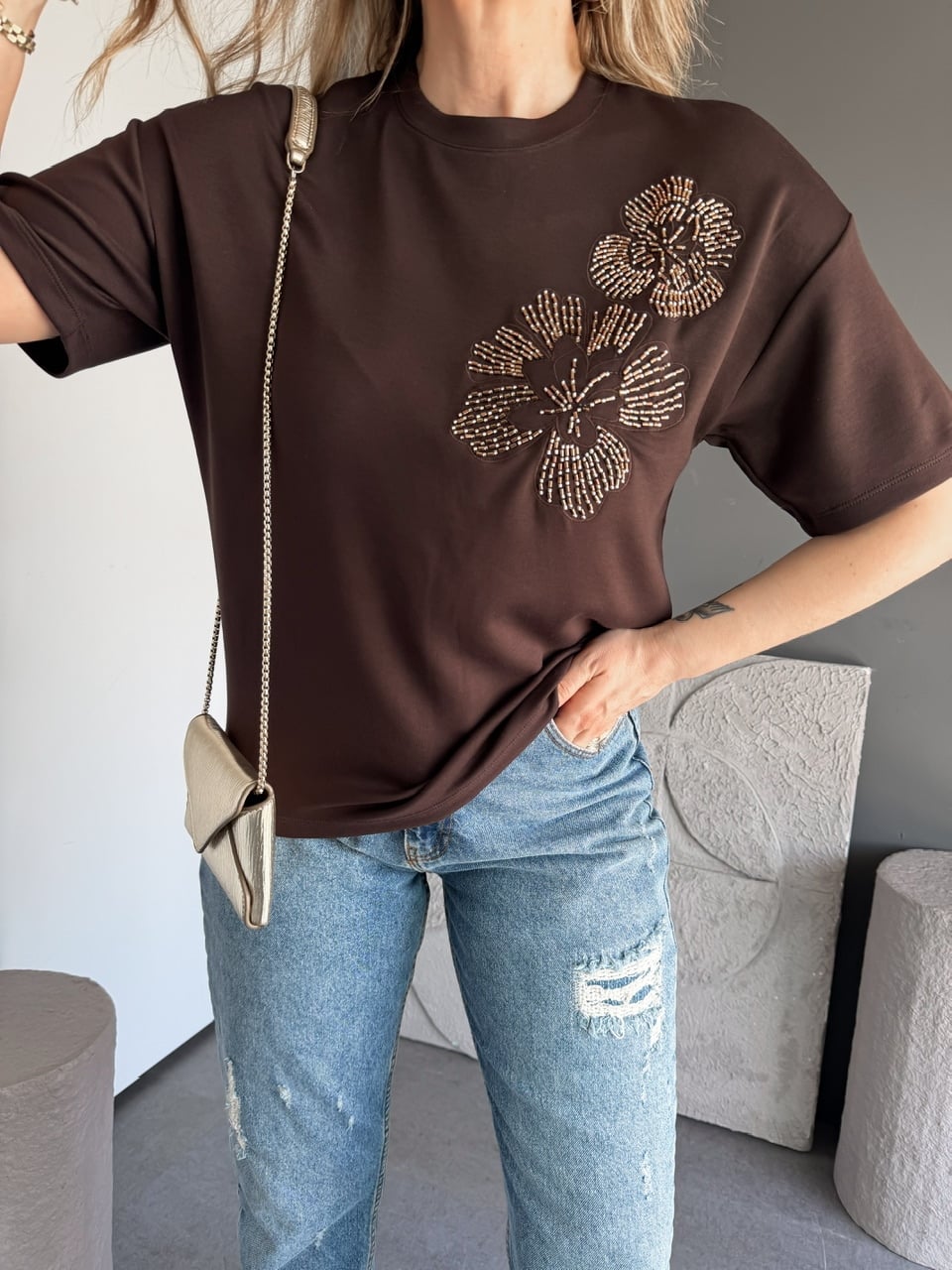 Kahve Boru Boncuklu Marka Model Tshirt