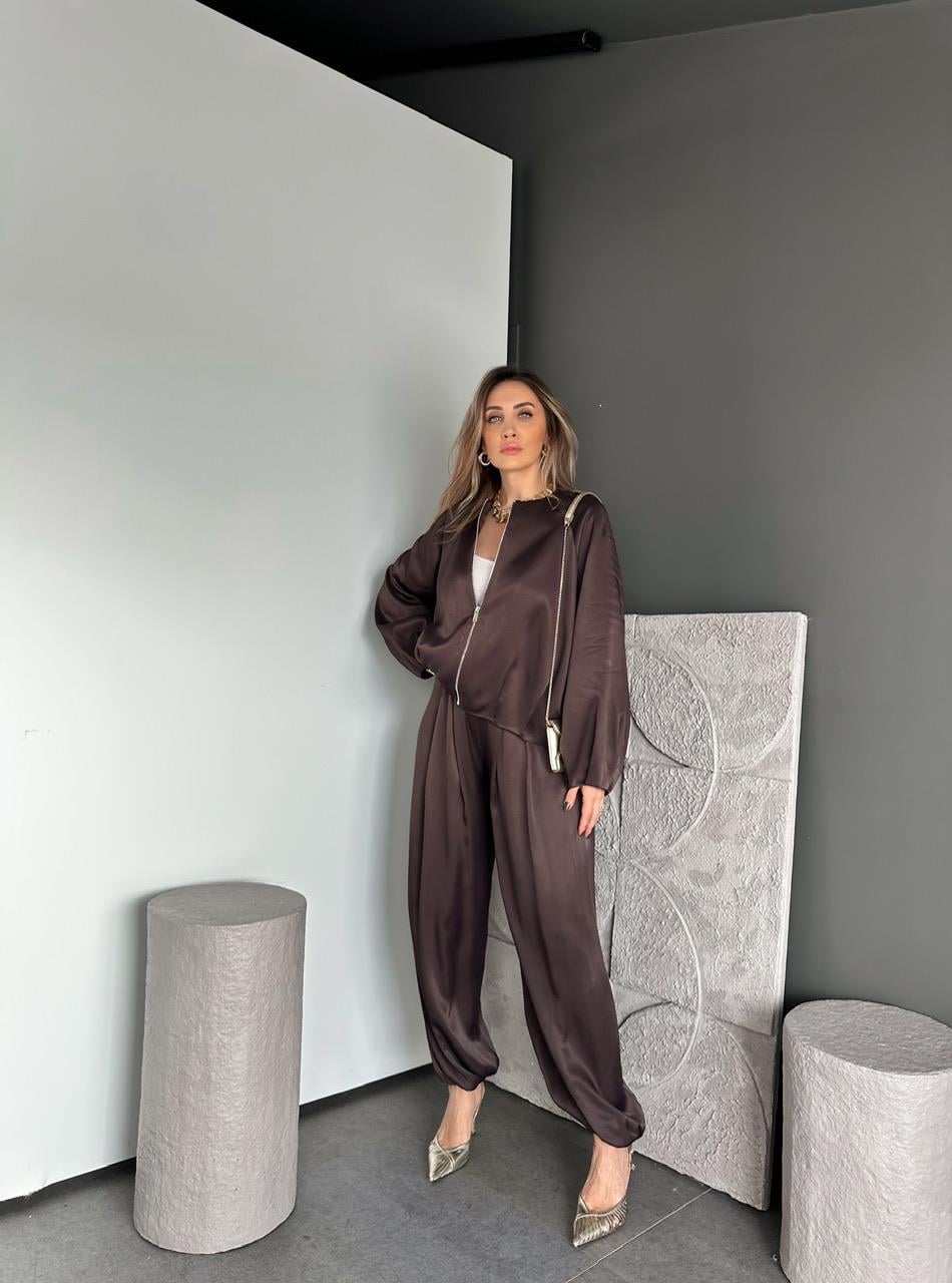 Kahve Ceket Şalvar Pantolon Saten Takım