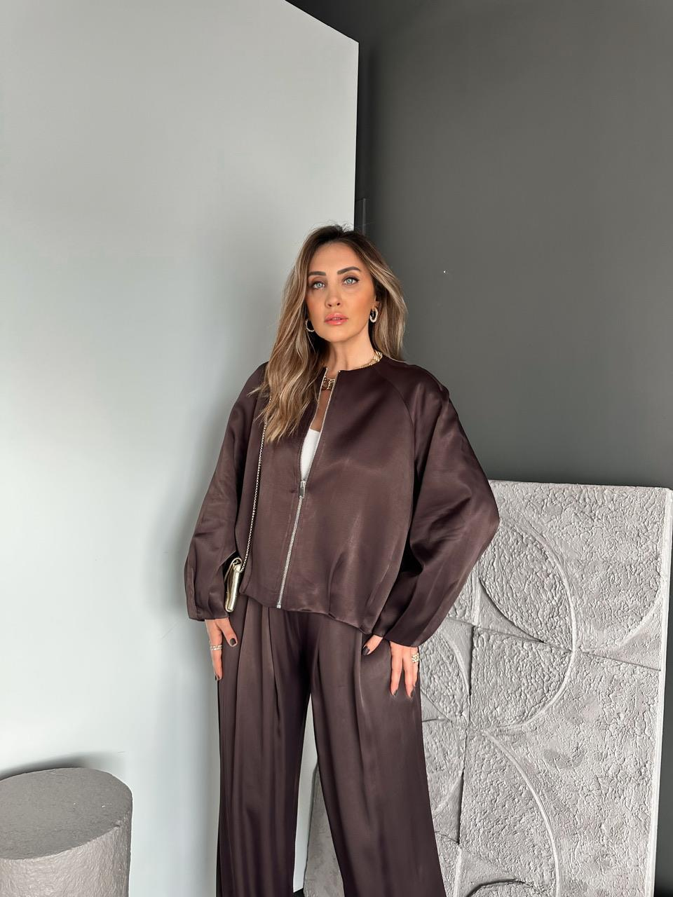Kahve Ceket Şalvar Pantolon Saten Takım