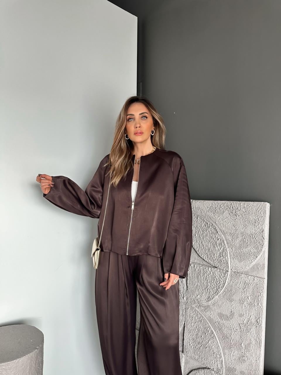 Kahve Ceket Şalvar Pantolon Saten Takım