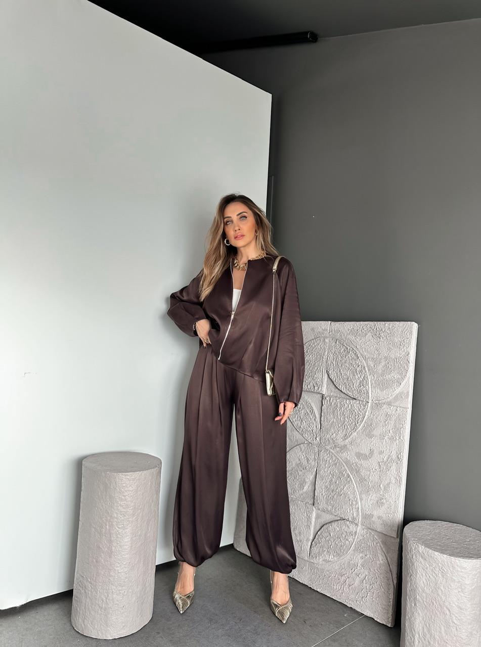 Kahve Ceket Şalvar Pantolon Saten Takım