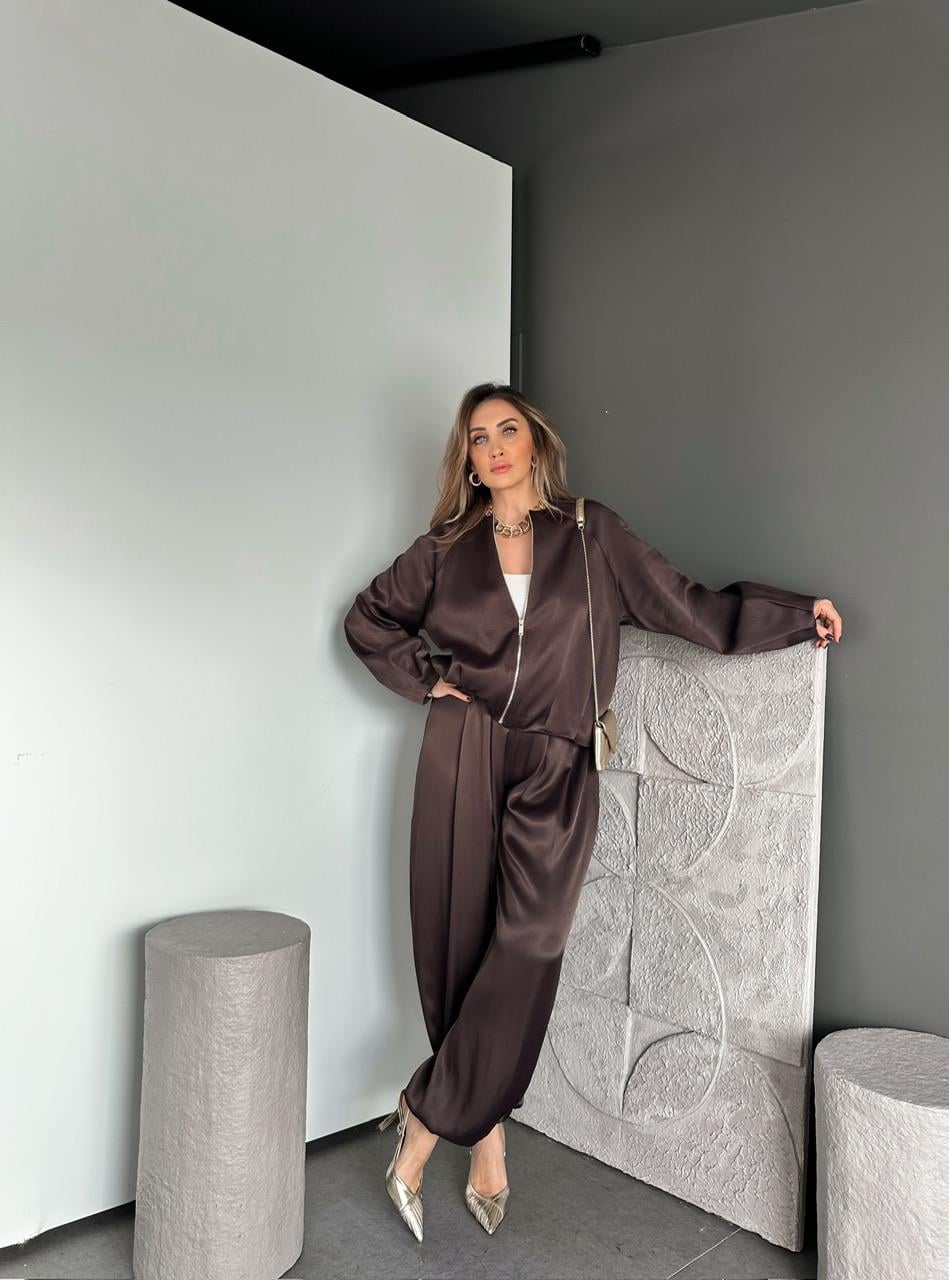 Kahve Ceket Şalvar Pantolon Saten Takım