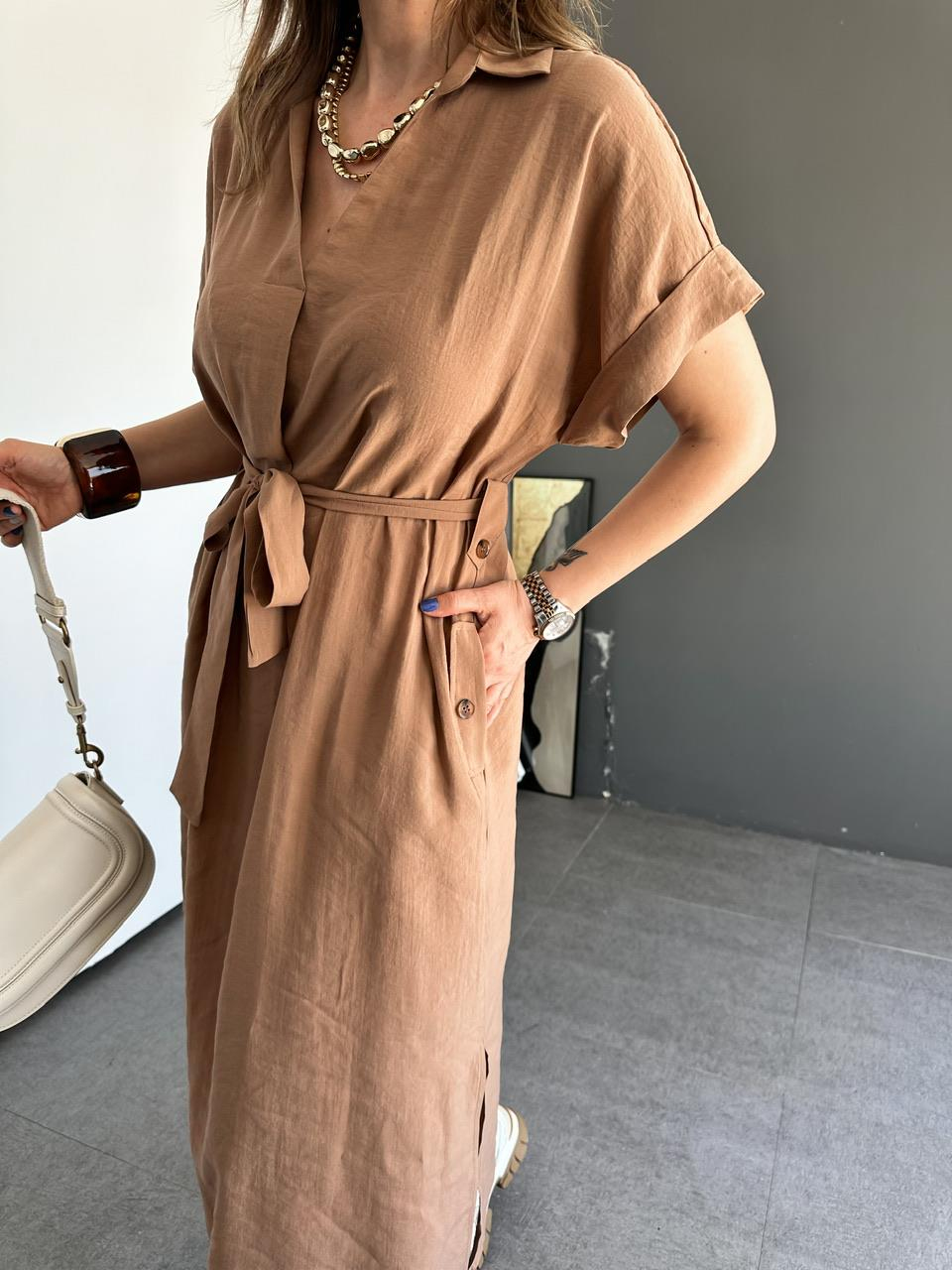 Kahve Cepli Düğmeli Modal Elbise