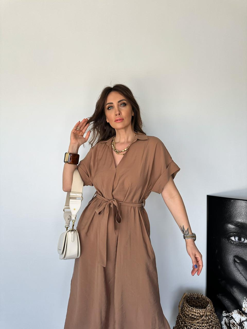 Kahve Cepli Düğmeli Modal Elbise