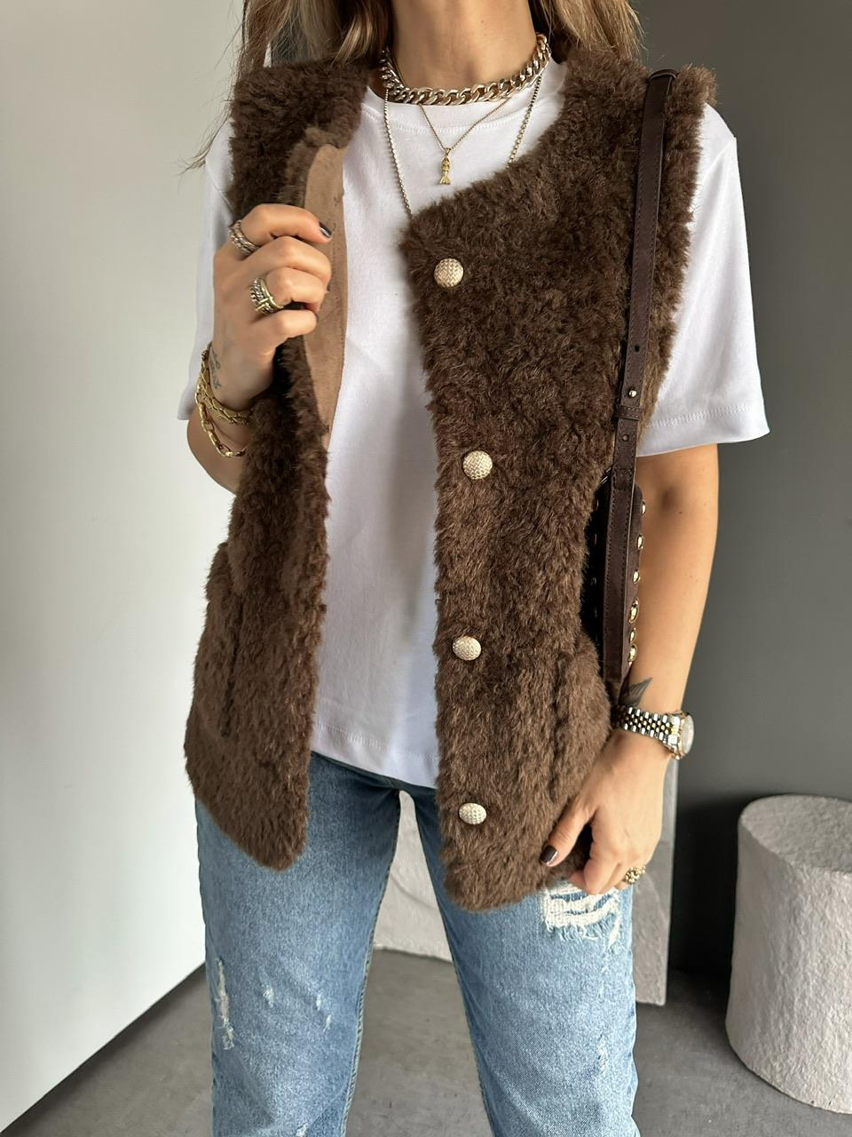 Kahve Cepli Teddy Yelek