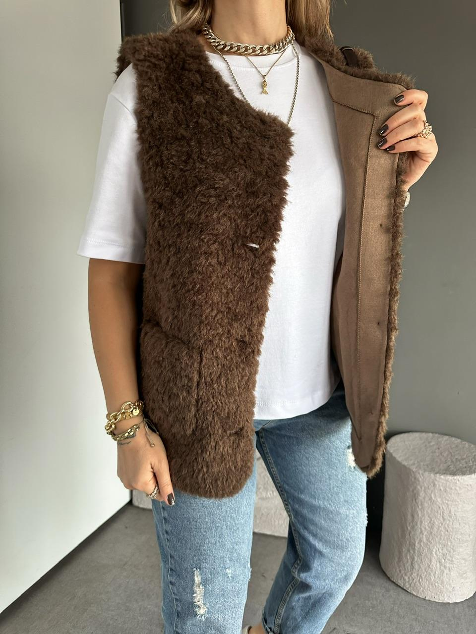 Kahve Cepli Teddy Yelek