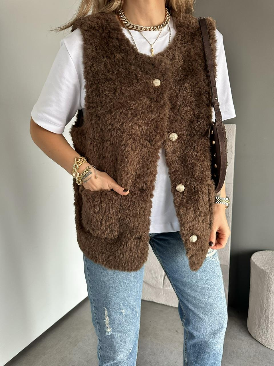 Kahve Cepli Teddy Yelek