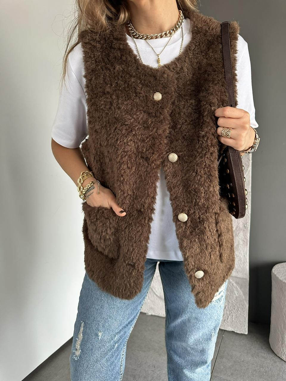 Kahve Cepli Teddy Yelek