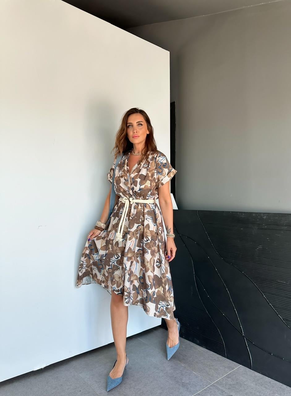 Kahve Çiçekli Halat Kemerli Elbise