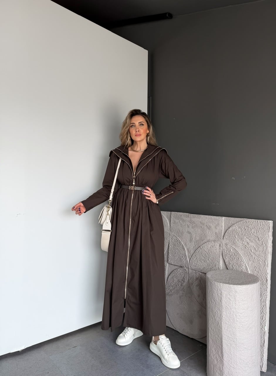 Kahve Çift Fermuarlı Kemerli Elbise