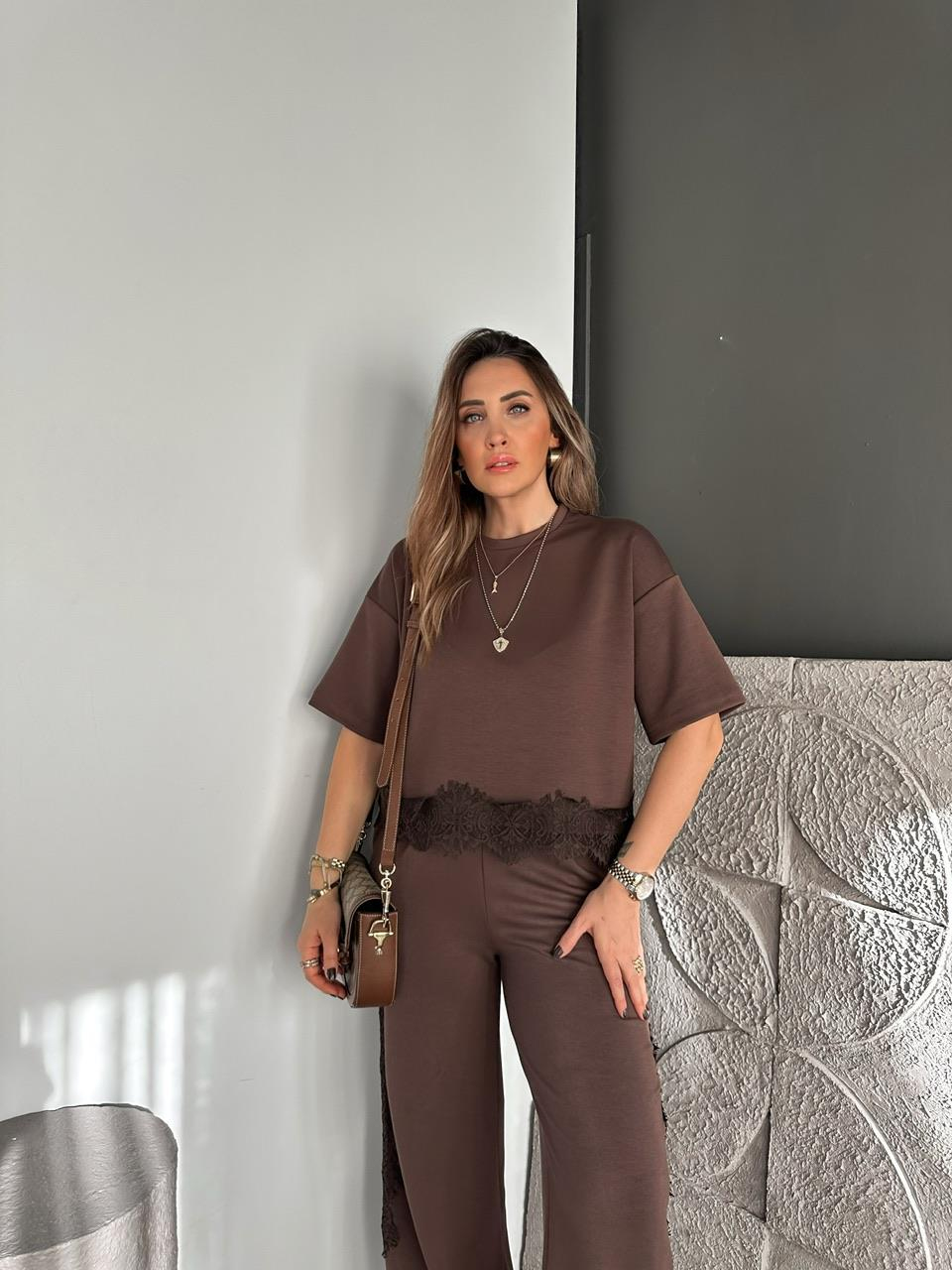 Kahve Dantel Parçalı Modal Takım