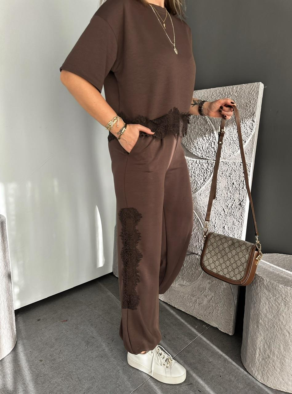 Kahve Dantel Parçalı Modal Takım