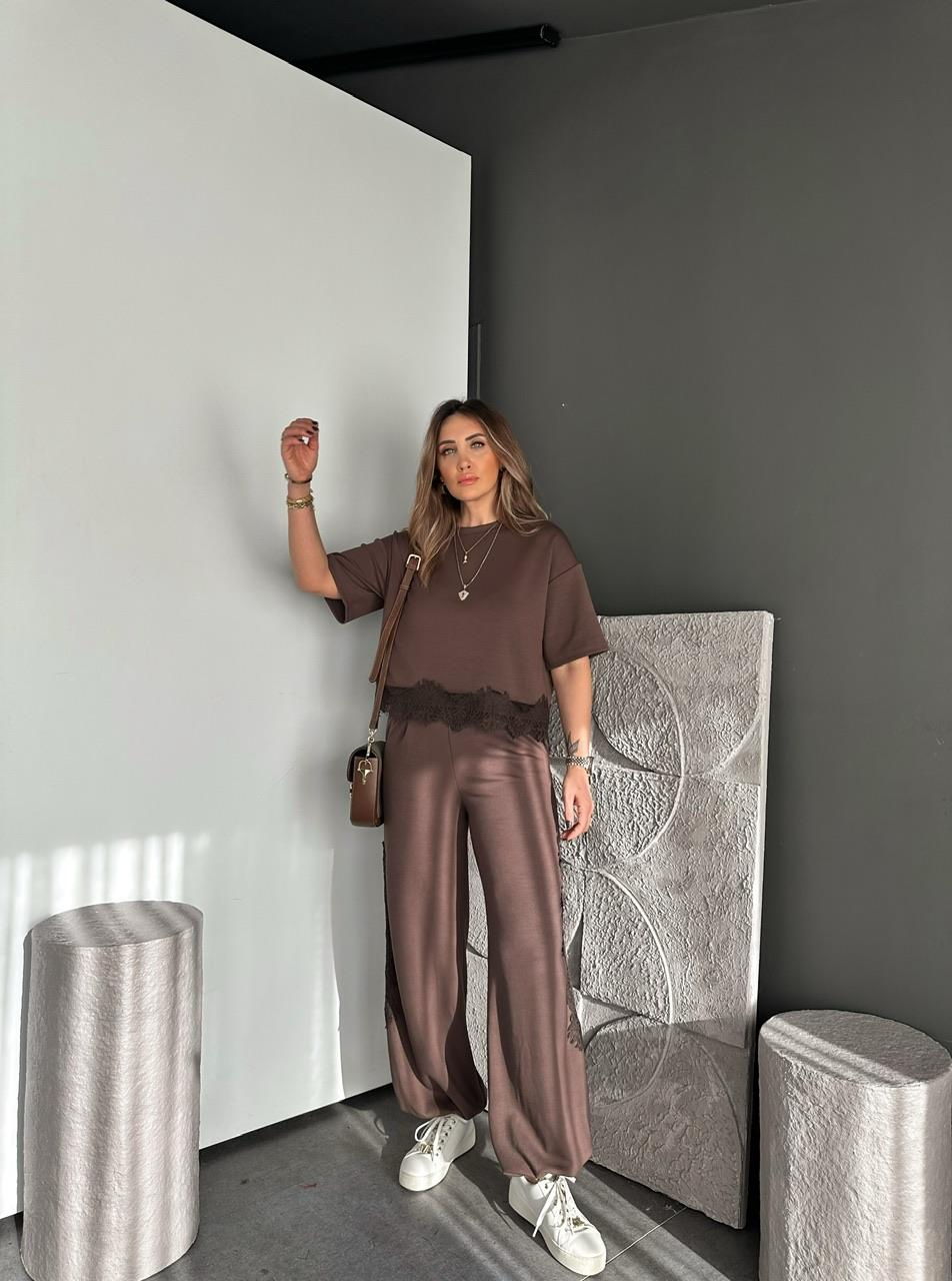 Kahve Dantel Parçalı Modal Takım