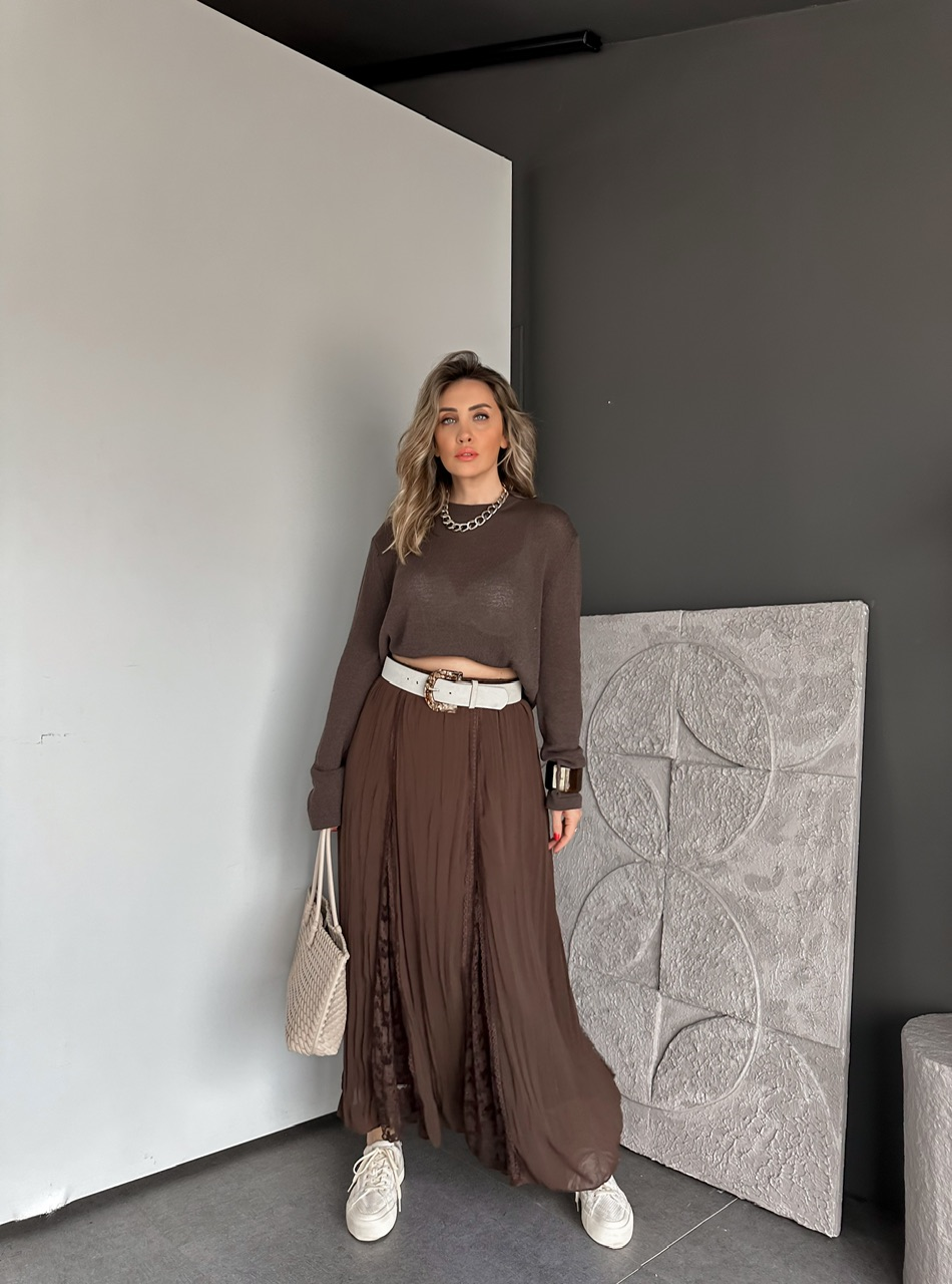 Kahve Dantel Parçalı Şifon Etek