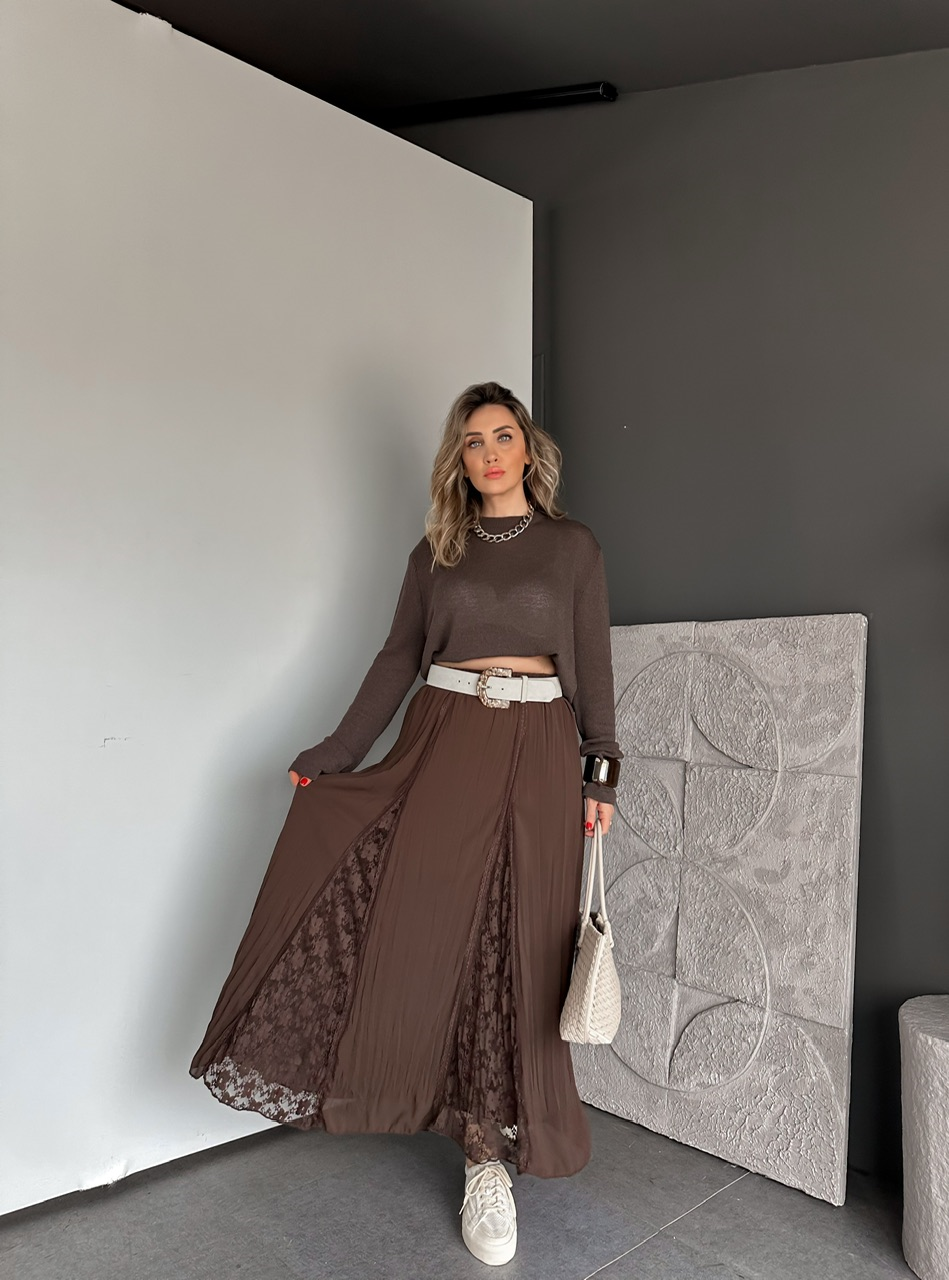 Kahve Dantel Parçalı Şifon Etek