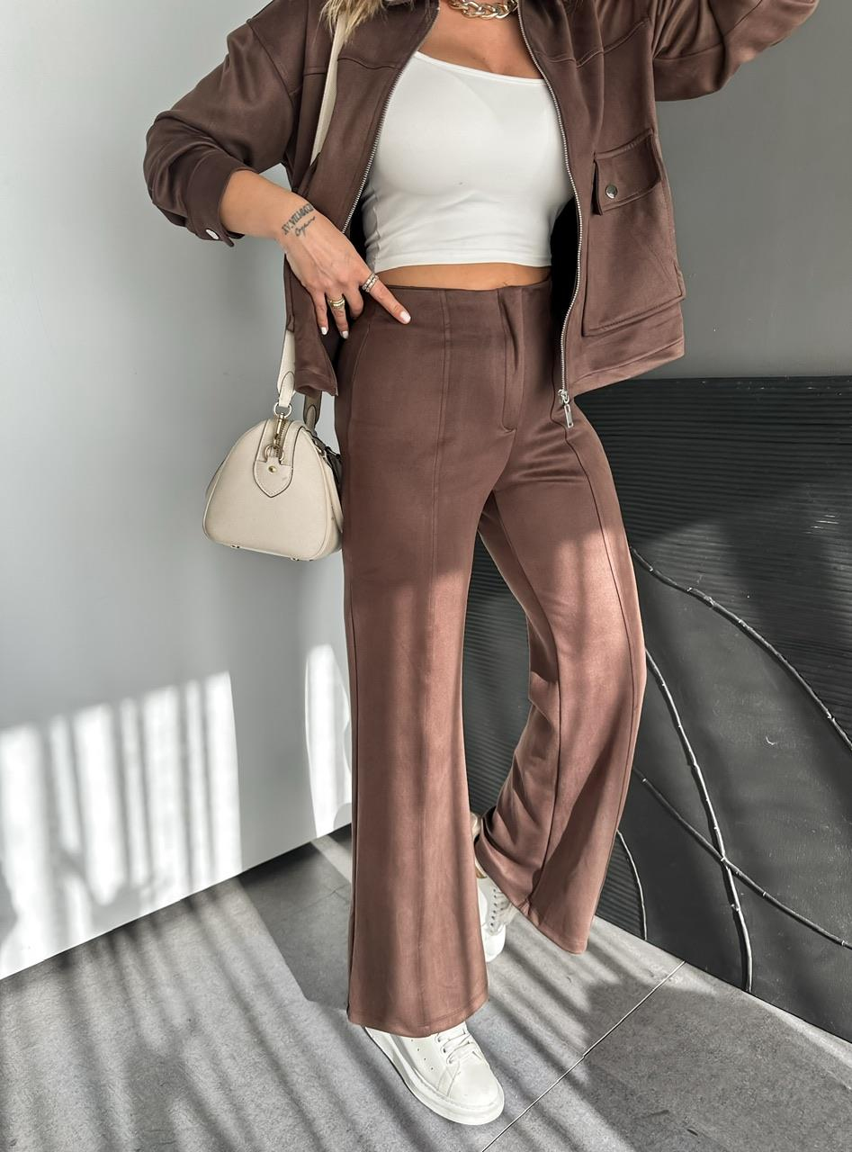 Kahve Dikişli Likralı Süet Pantolon