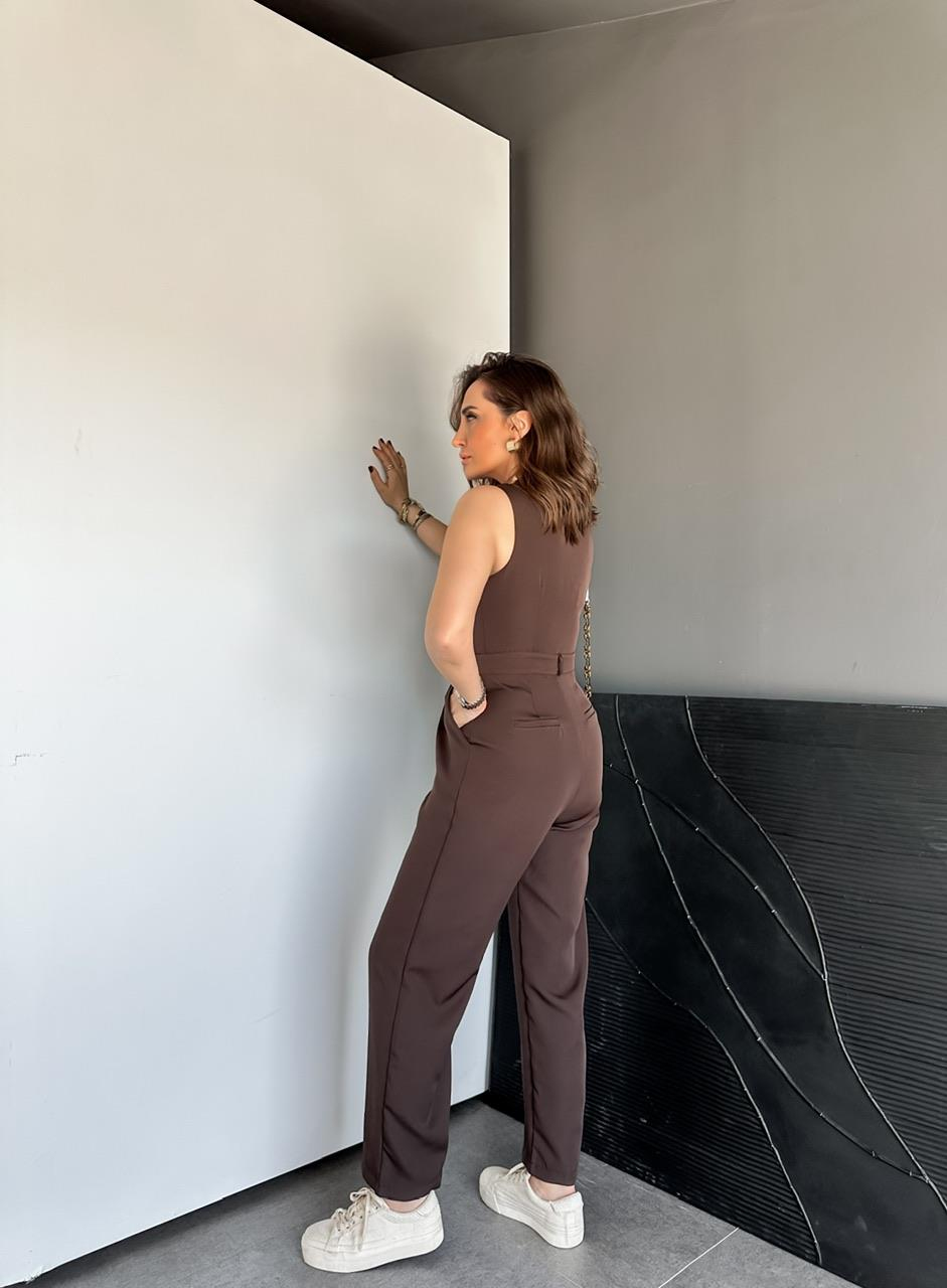 Kahve Düğmeli Kumaş Tulum