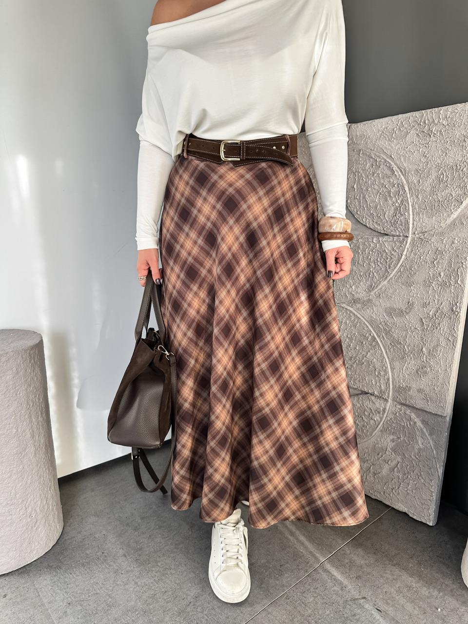 Kahve Ekose Süet Kemerli Maxi Etek