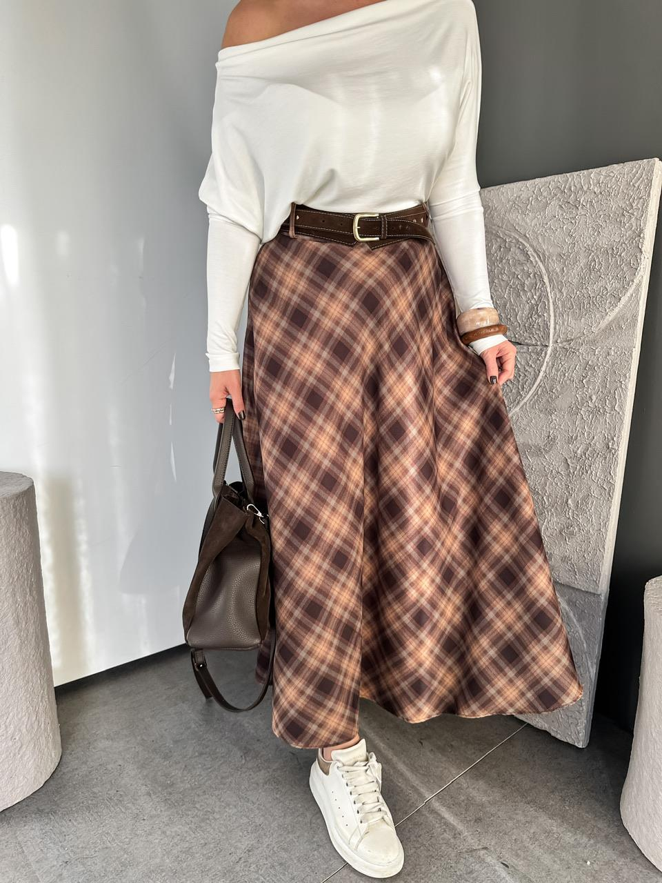 Kahve Ekose Süet Kemerli Maxi Etek
