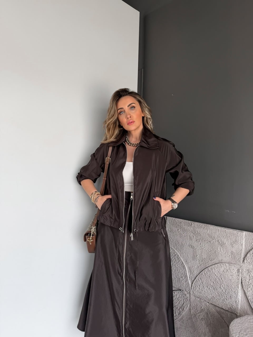 Kahve Eteği Fermuarlı Premium Takım