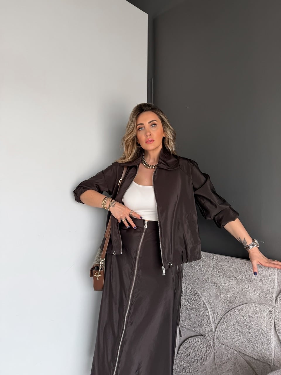 Kahve Eteği Fermuarlı Premium Takım