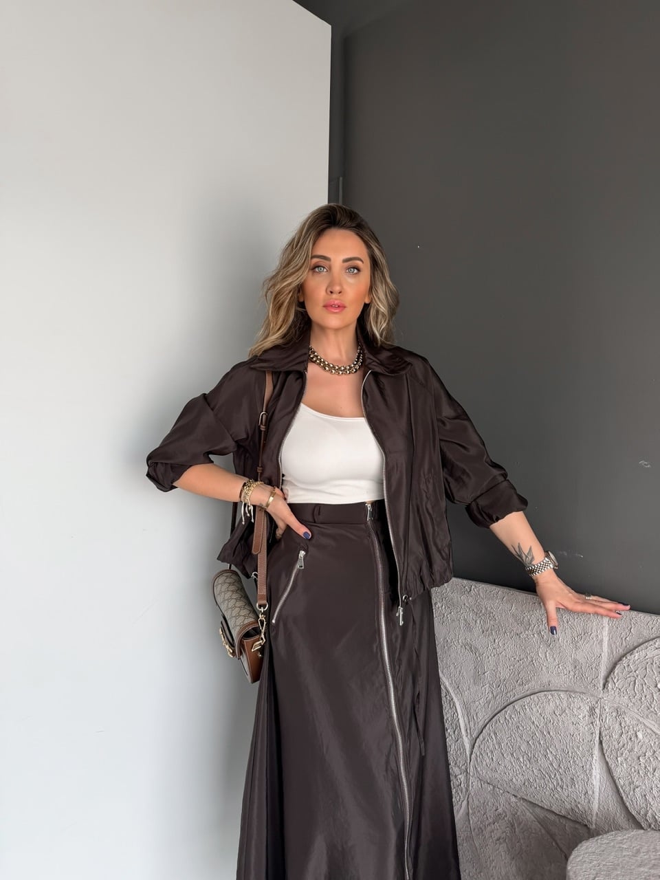 Kahve Eteği Fermuarlı Premium Takım