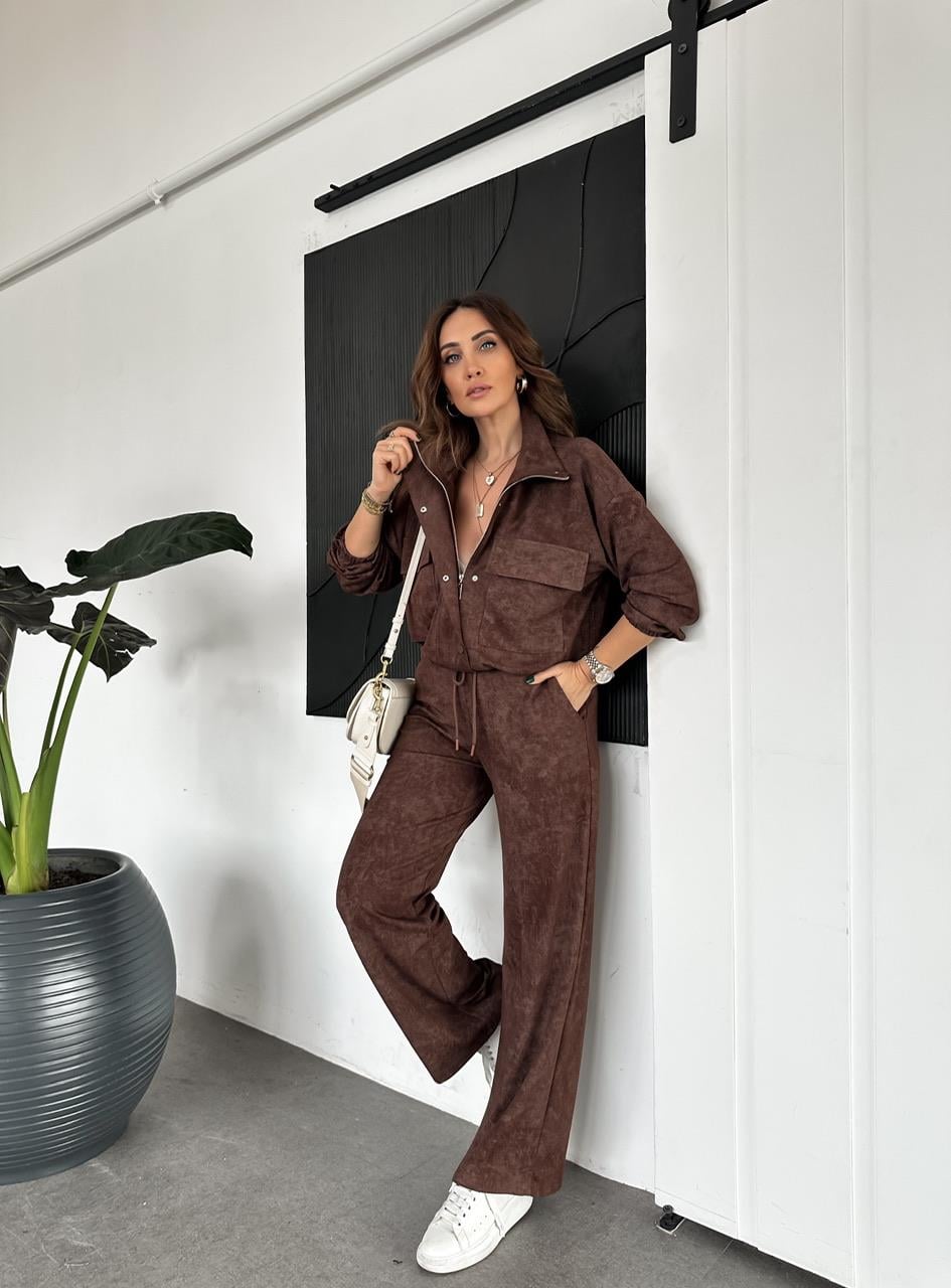 Kahve Fermuarlı Ceketli Batik Takım