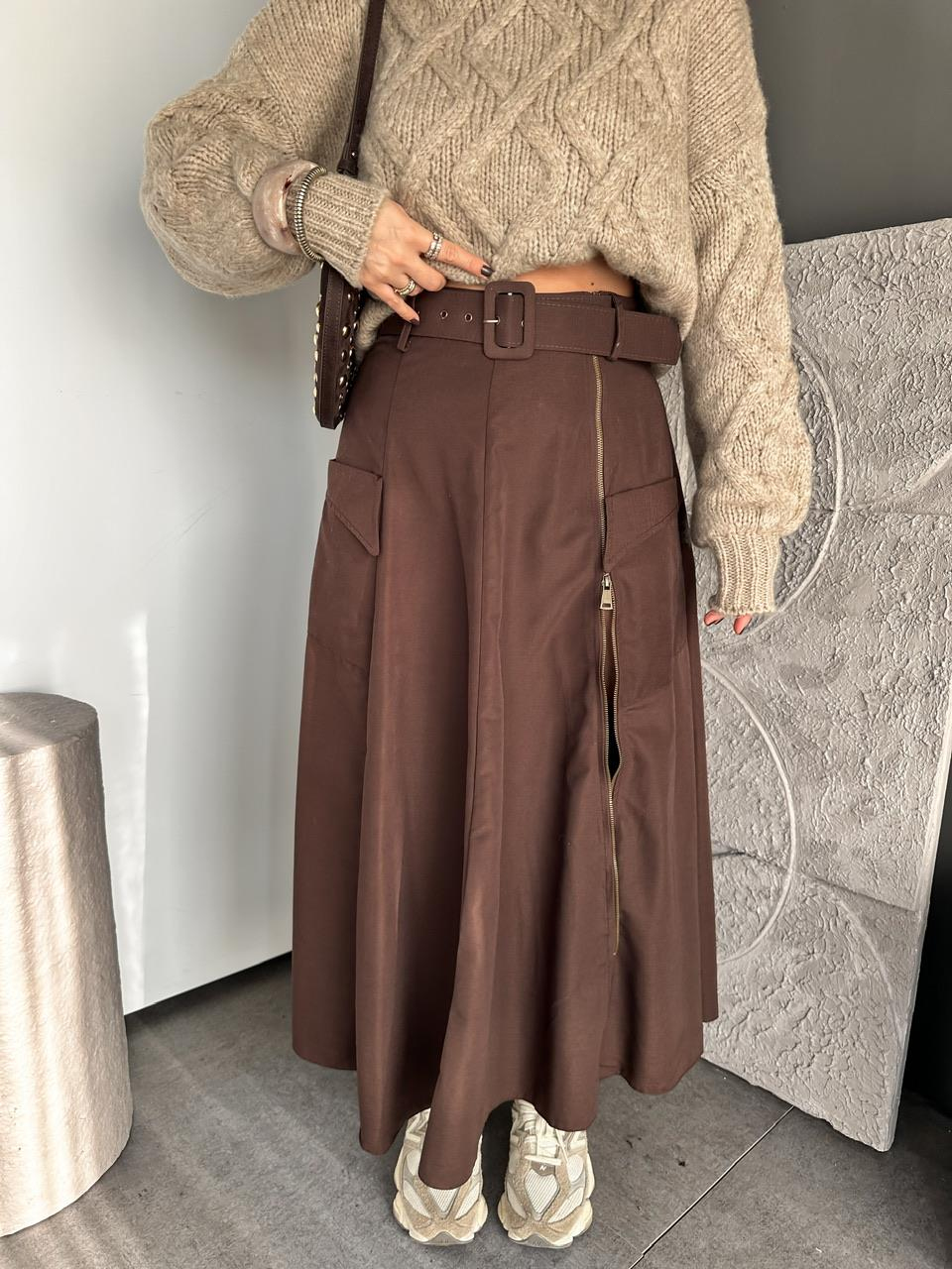 Kahve Fermuarlı Kemerli Safari Etek