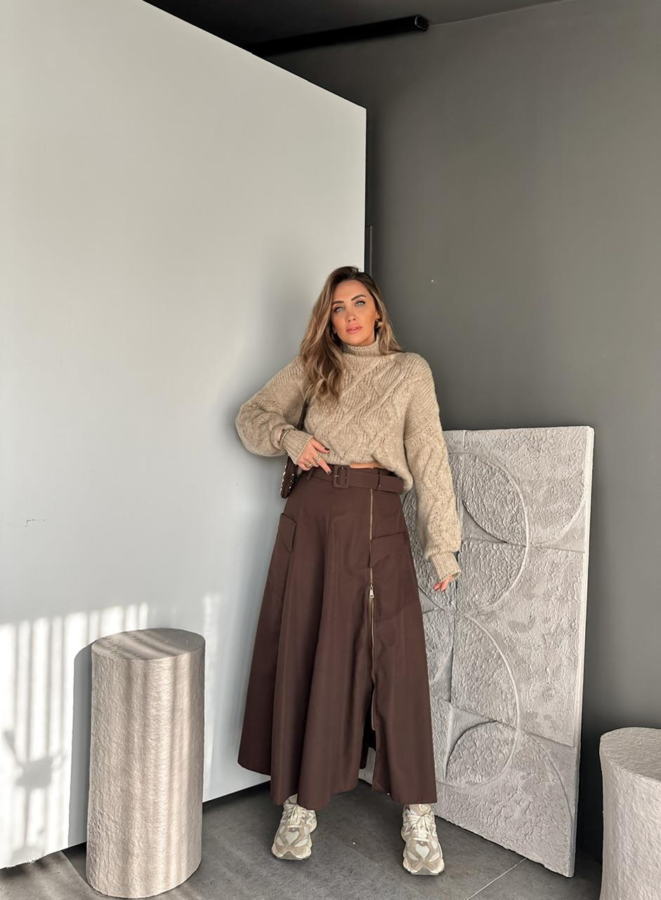 Kahve Fermuarlı Kemerli Safari Etek