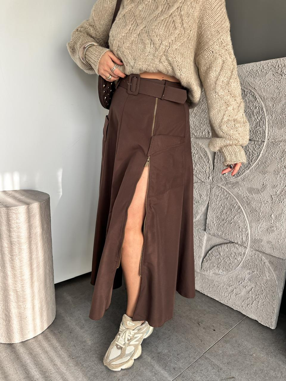 Kahve Fermuarlı Kemerli Safari Etek