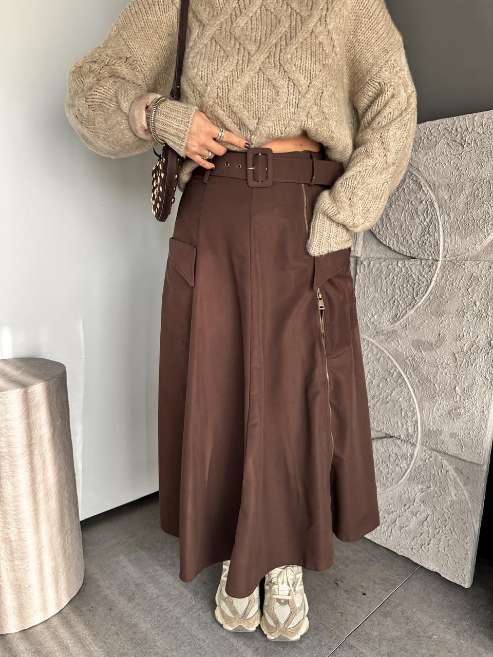 Kahve Fermuarlı Kemerli Safari Etek