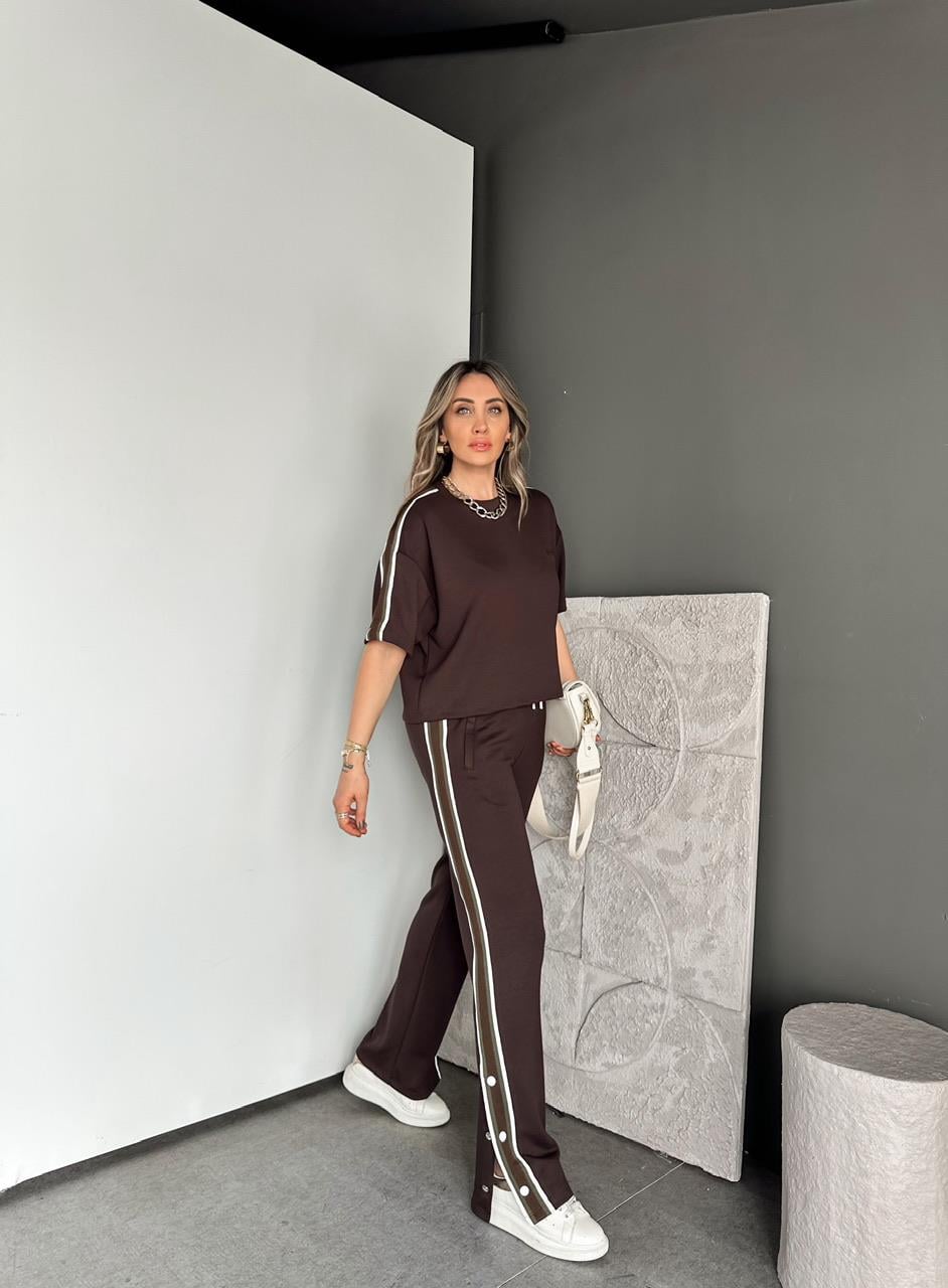 Kahve File Şeritli Çıtçıtlı Premium Takım