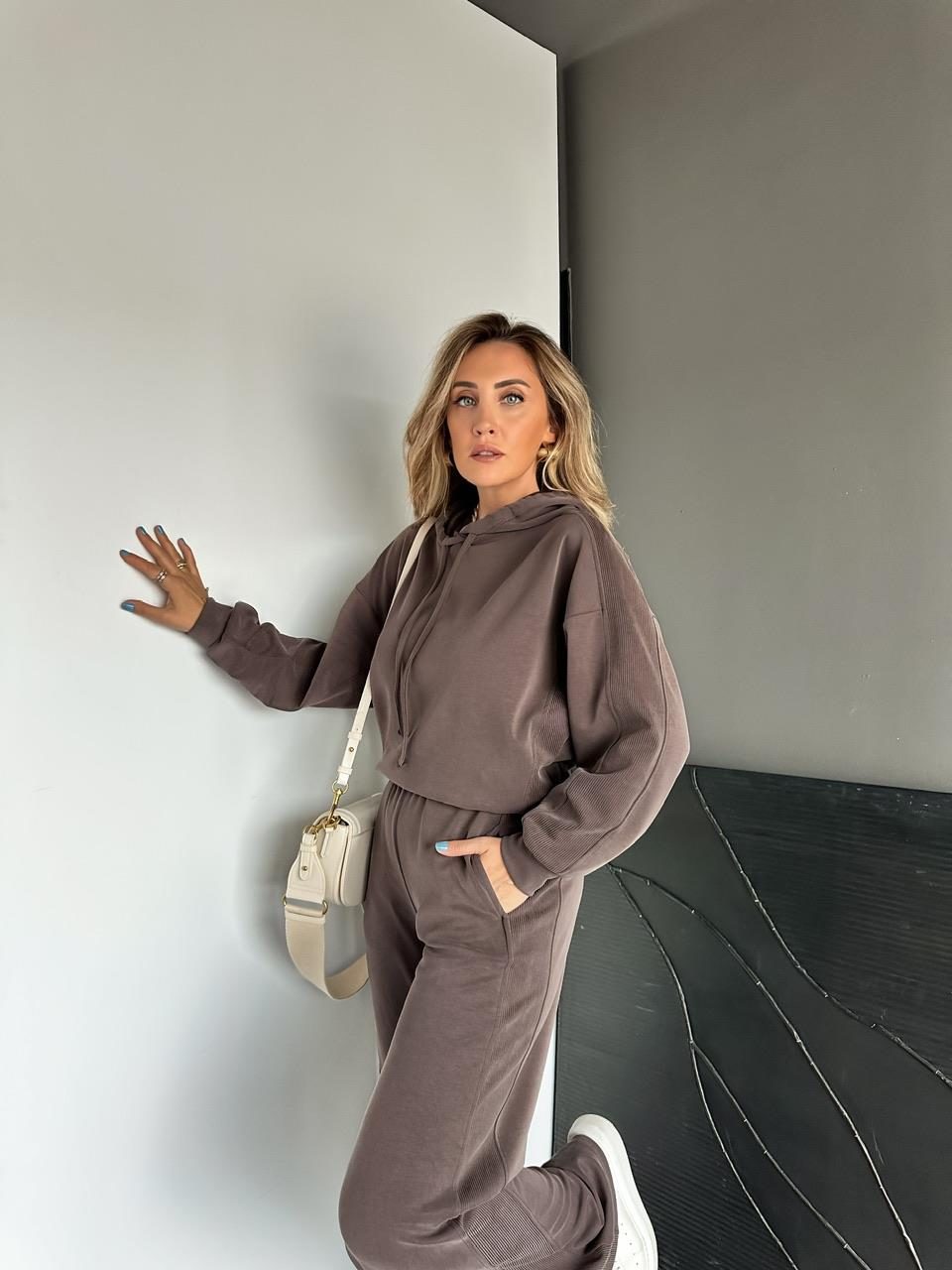 Kahve Garnili Kapşonlu Modal Takım