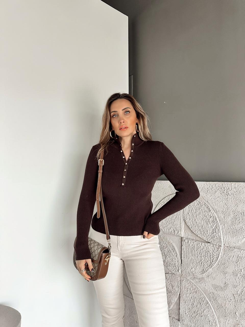 Kahve Gold Çıtçıtlı Fitilli Kazak