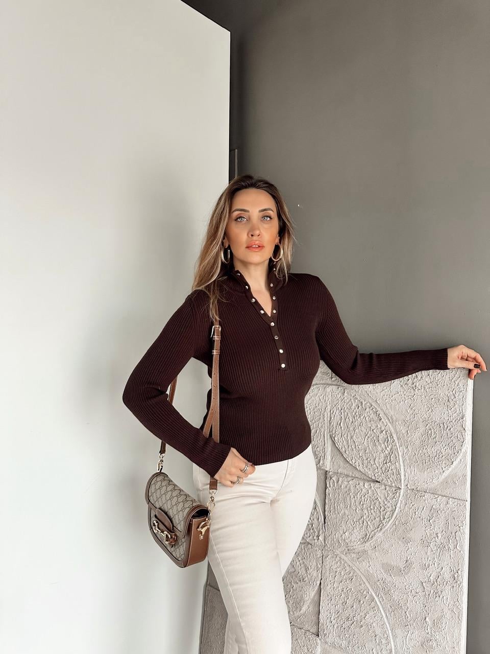 Kahve Gold Çıtçıtlı Fitilli Kazak