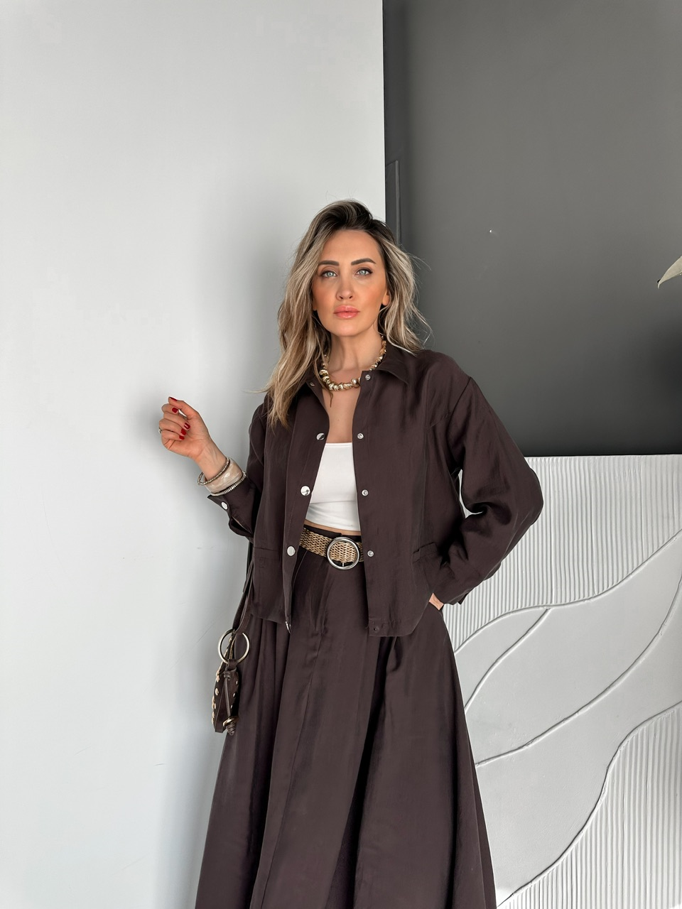 Kahve Hasır Kemerli Etekli Takım
