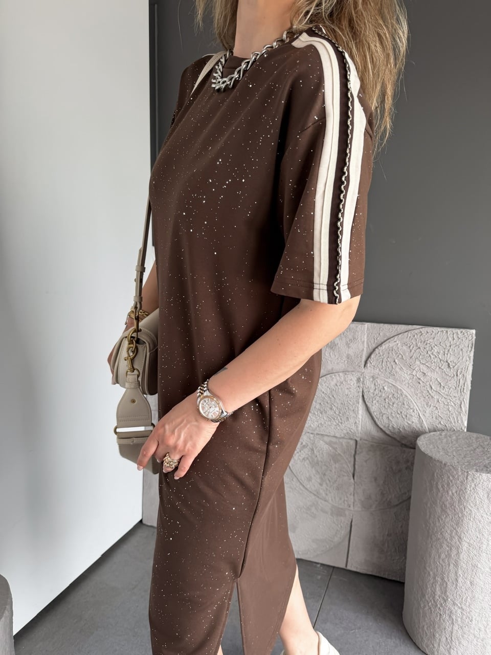 Kahve Işıltılı Şeritli Modal Elbise