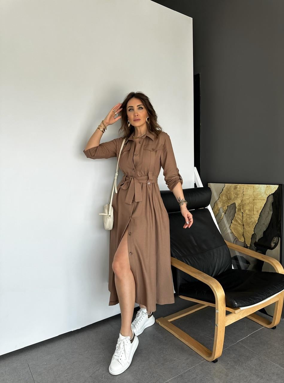 Kahve Kapak Cepli Düğmeli Safari Elbise