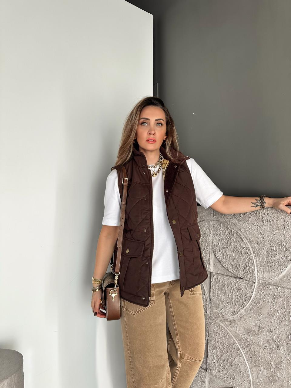 Kahve Kapitone Safari Yelek